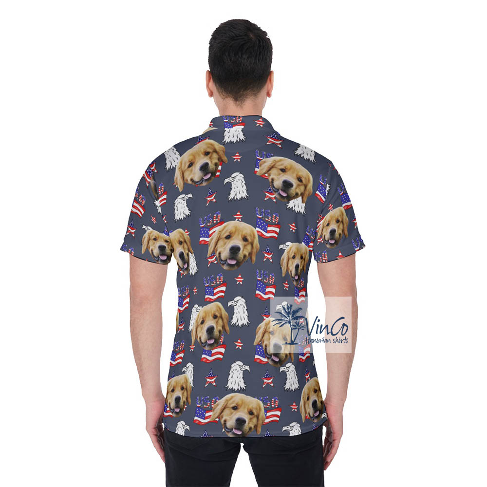Personalized Navy Patriotic Hawaiian Golf Shirt With Dog Faces