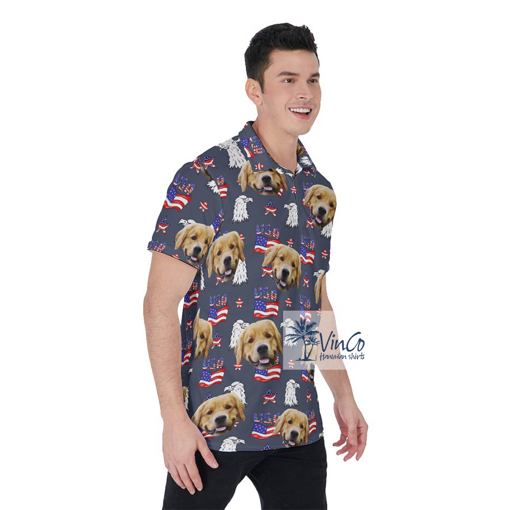Personalized Navy Patriotic Hawaiian Golf Shirt With Dog Faces