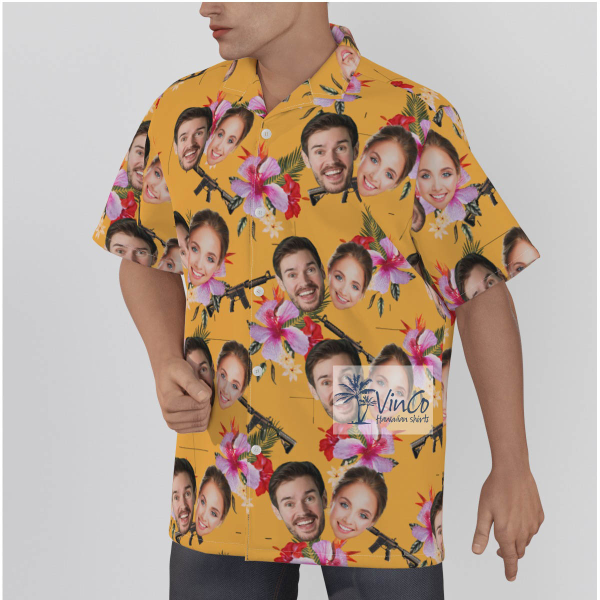 Cool Custom Gun Yellow Hawaiian Shirt With Multiple Faces