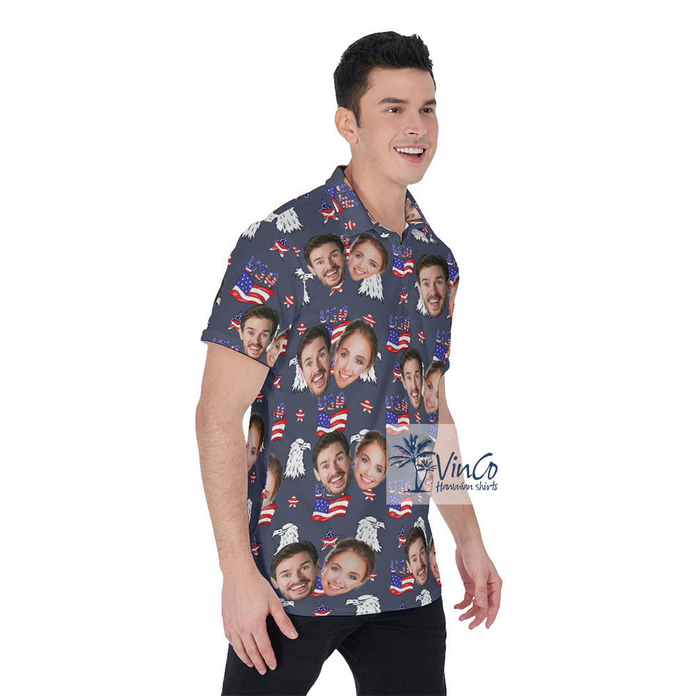 Custom Couple Navy Patriotic Hawaiian Shirt