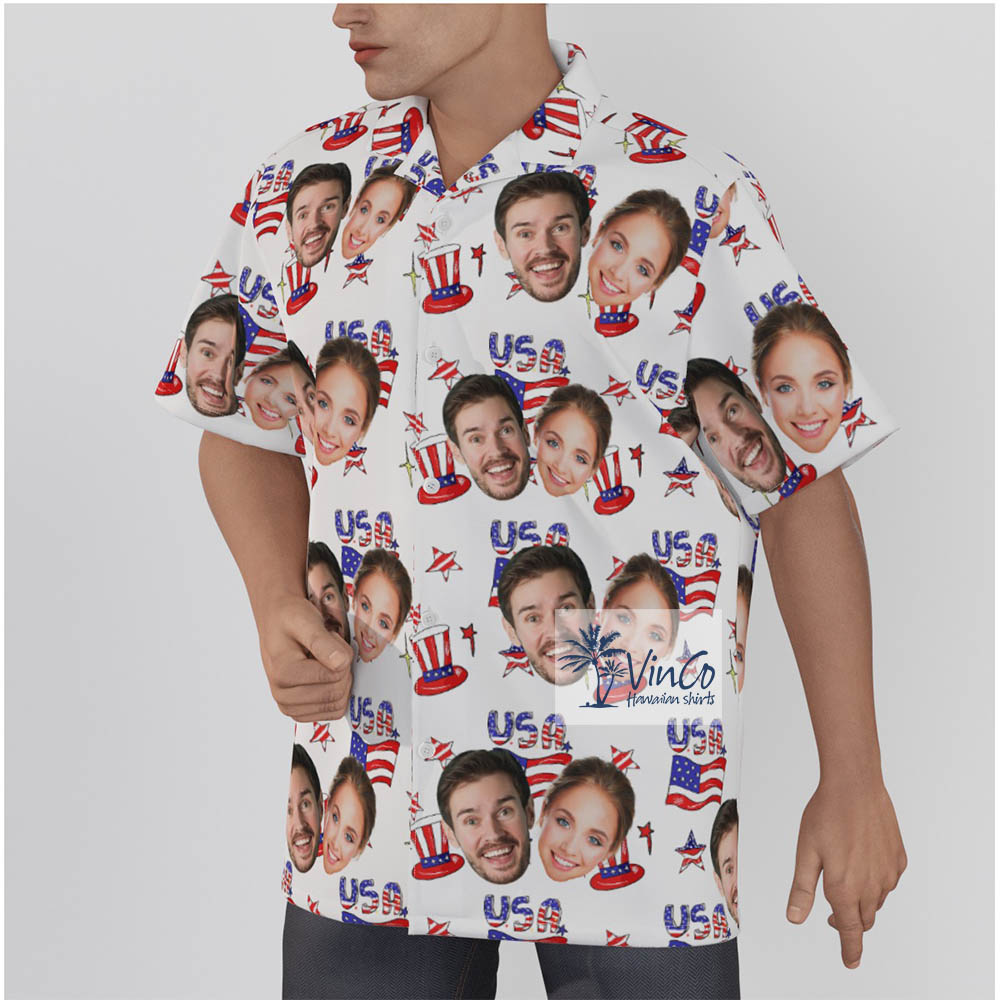 Custom Couple Faces Patriotic Hawaiian Shirt For 4th of July