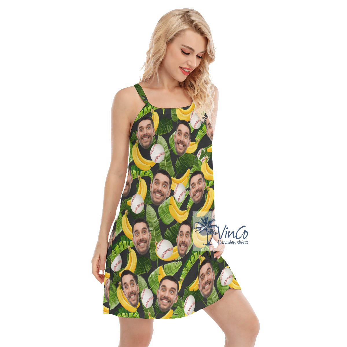 Funny Tropical Banana Baseball Hawaiian Dress With Custom Face