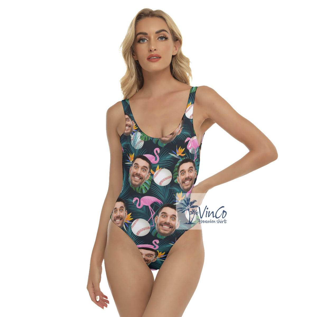 Funny Baseball Flamingo Hawaiian Swimsuit With Custom Face - variant image 1
