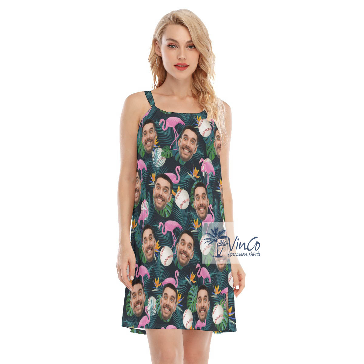 Baseball Lovers Custom Face Flamingo Hawaiian Dress For Women - variant image 1