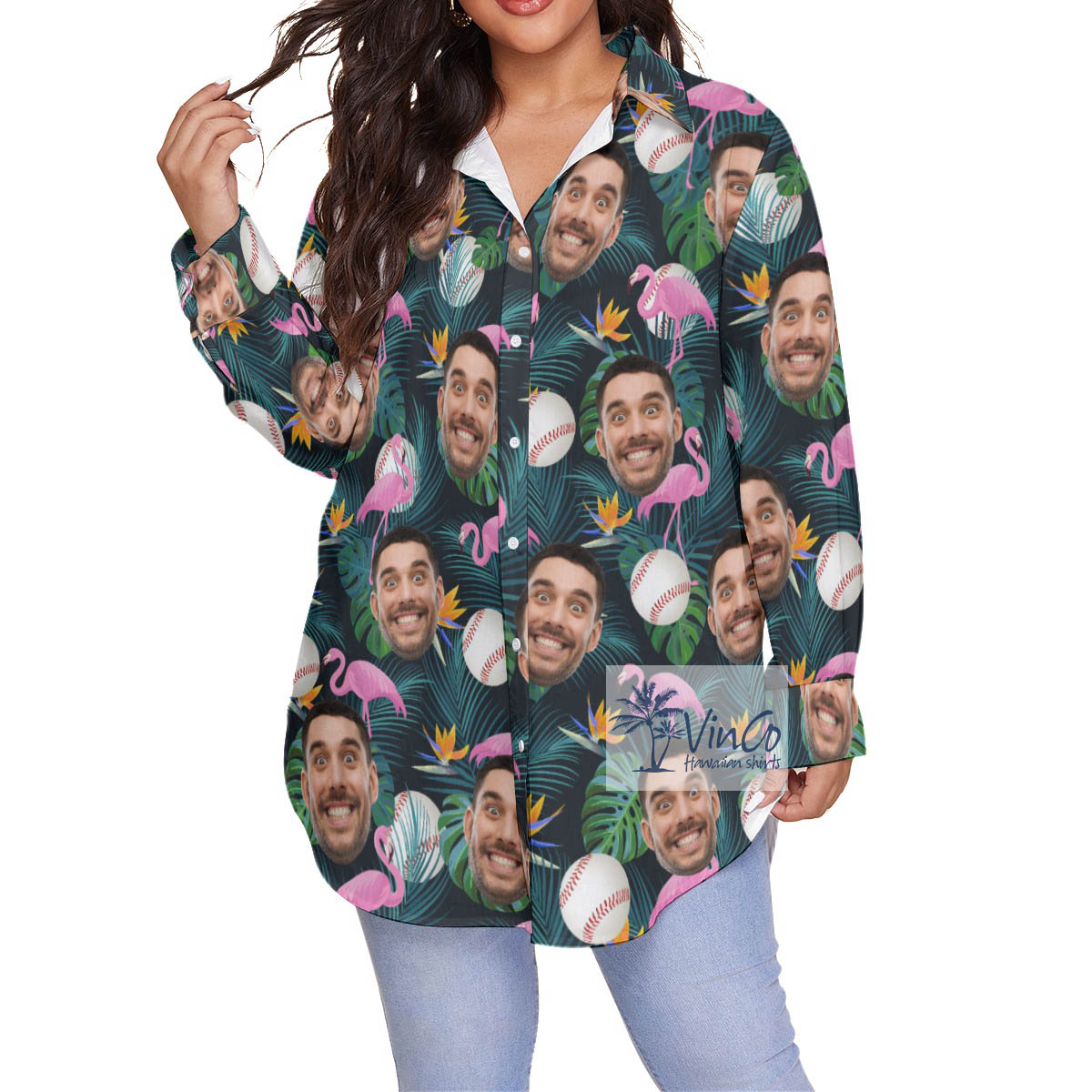 Custom Face Flamingo Baseball Hawaiian Plus Size Shirt - variant image 1