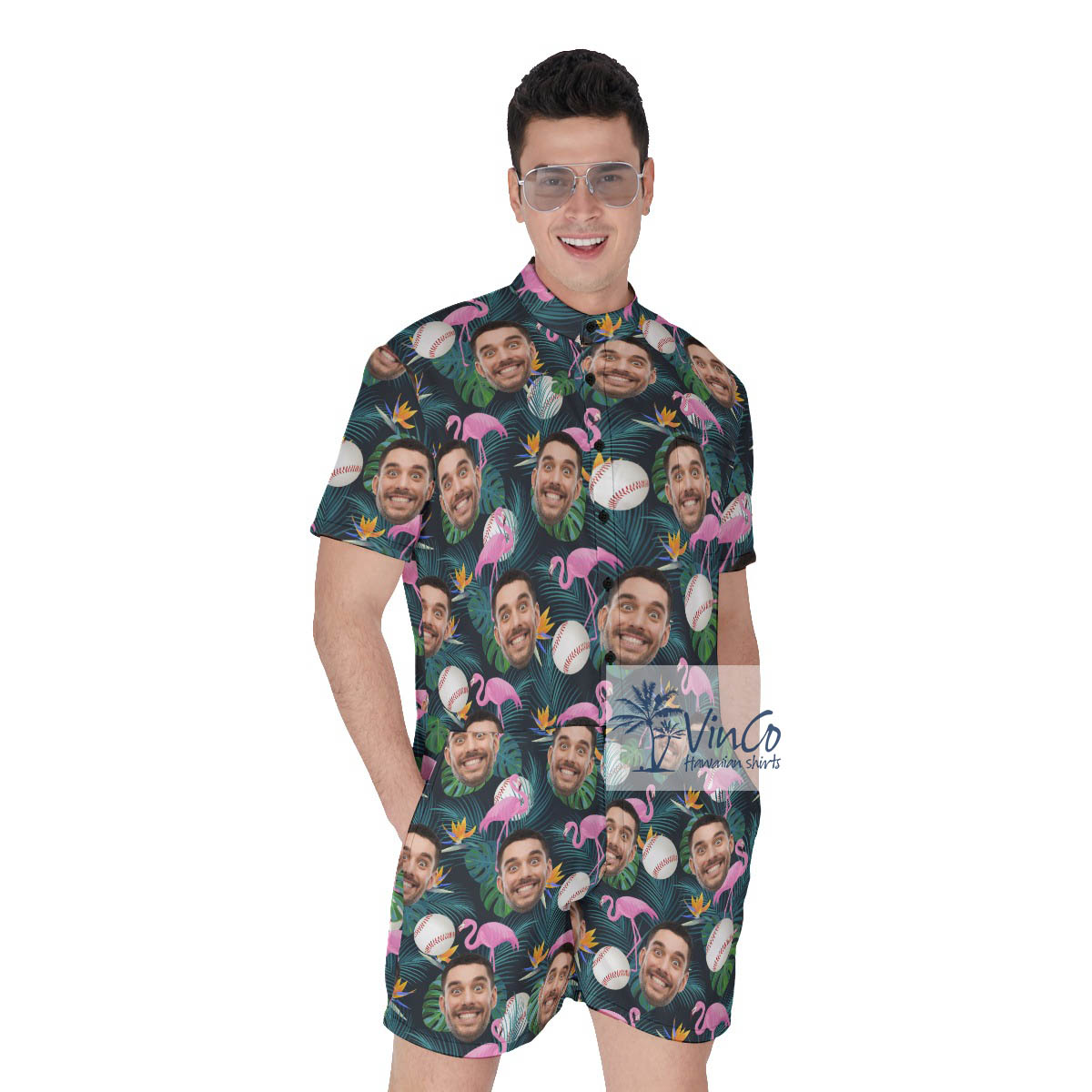 Funny Flamingo Baseball Hawaiian Romper With Custom Face - variant image 1