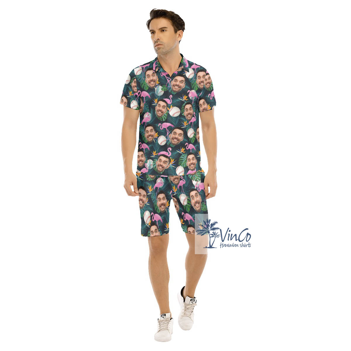 Set Baseball Flamingo Hawaiian Shirt And Shorts With Custom Face - variant image 1