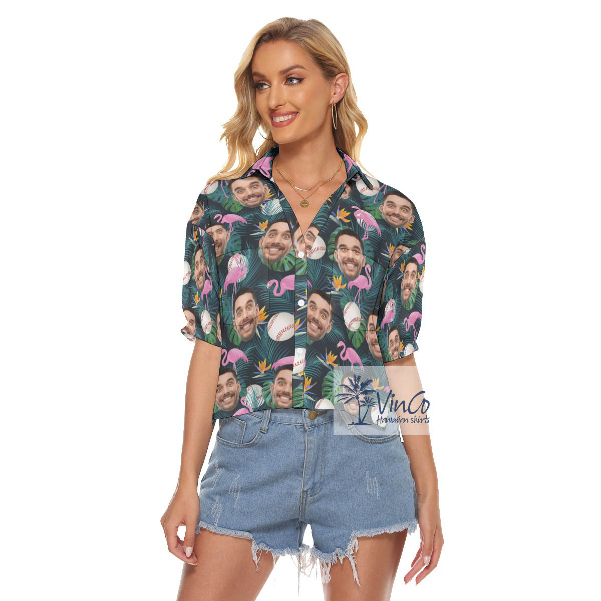 Tropical Baseball Flamingo Hawaiian Cropped Shirt With Custom Face - variant image 1