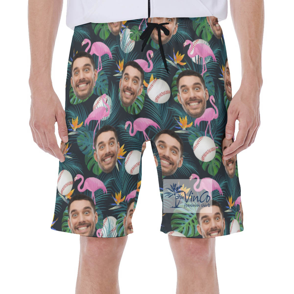 Custom Face Hawaiian Swim Trunks Flamingo Baseball - variant image 1