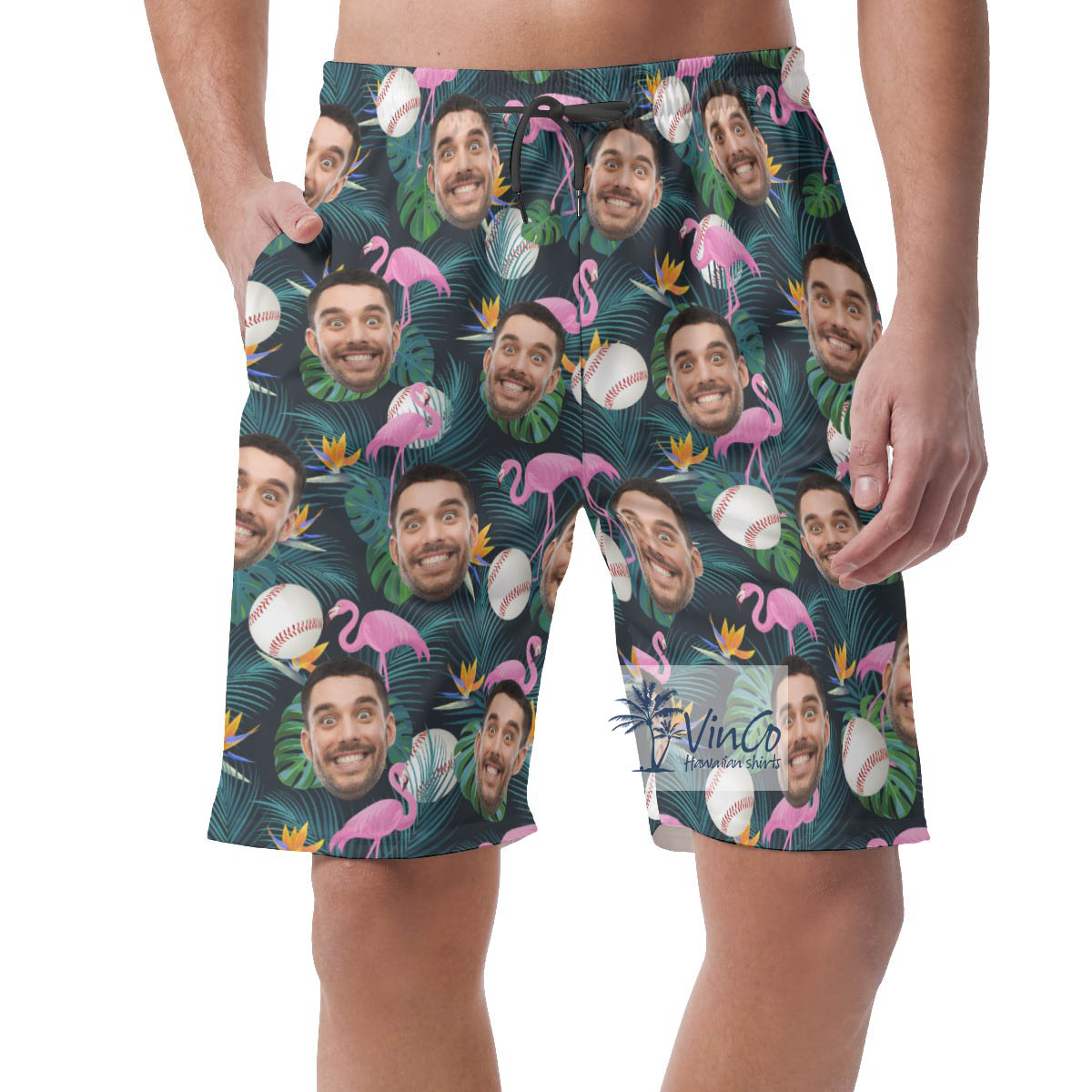 Flamingo Baseball Hawaiian Beach Shorts With Custom Face - variant image 1