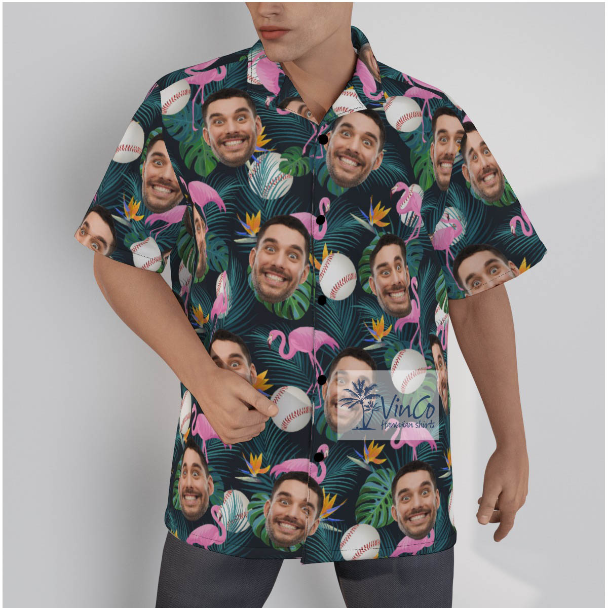 Custom Flamingo Baseball Hawaiian Shirt With Face - variant image 1