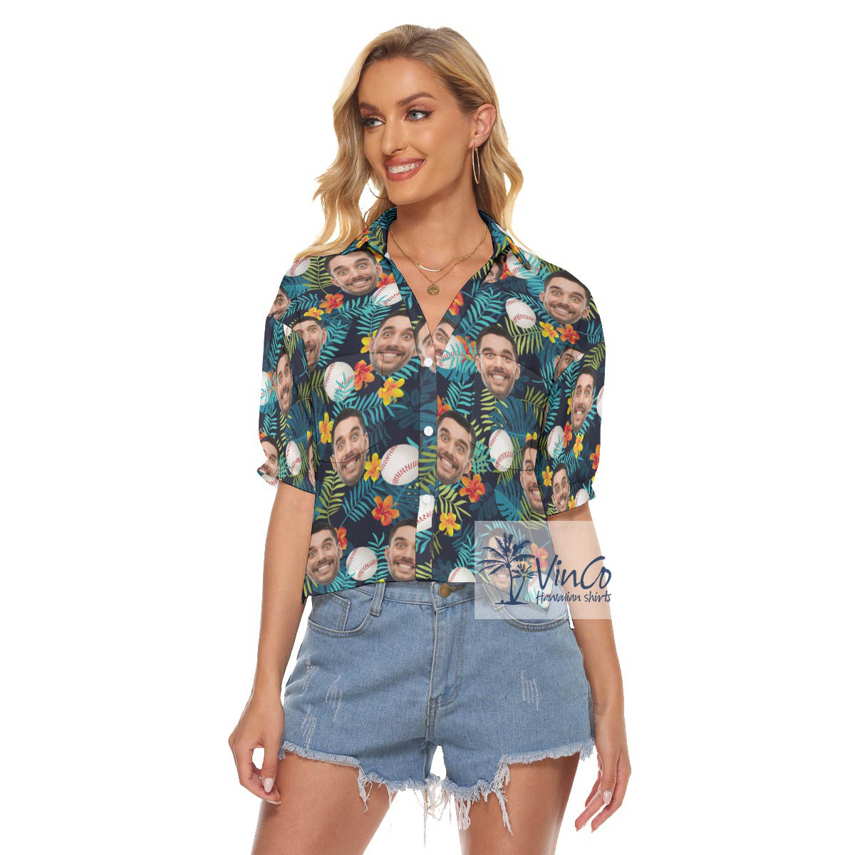 Tropical Baseball Custom Face Hawaiian Crop Top Shirt - variant image 1