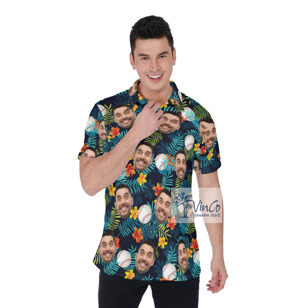 Tropical Custom Baseball Hawaiian Polo Shirt With Face - variant image 1