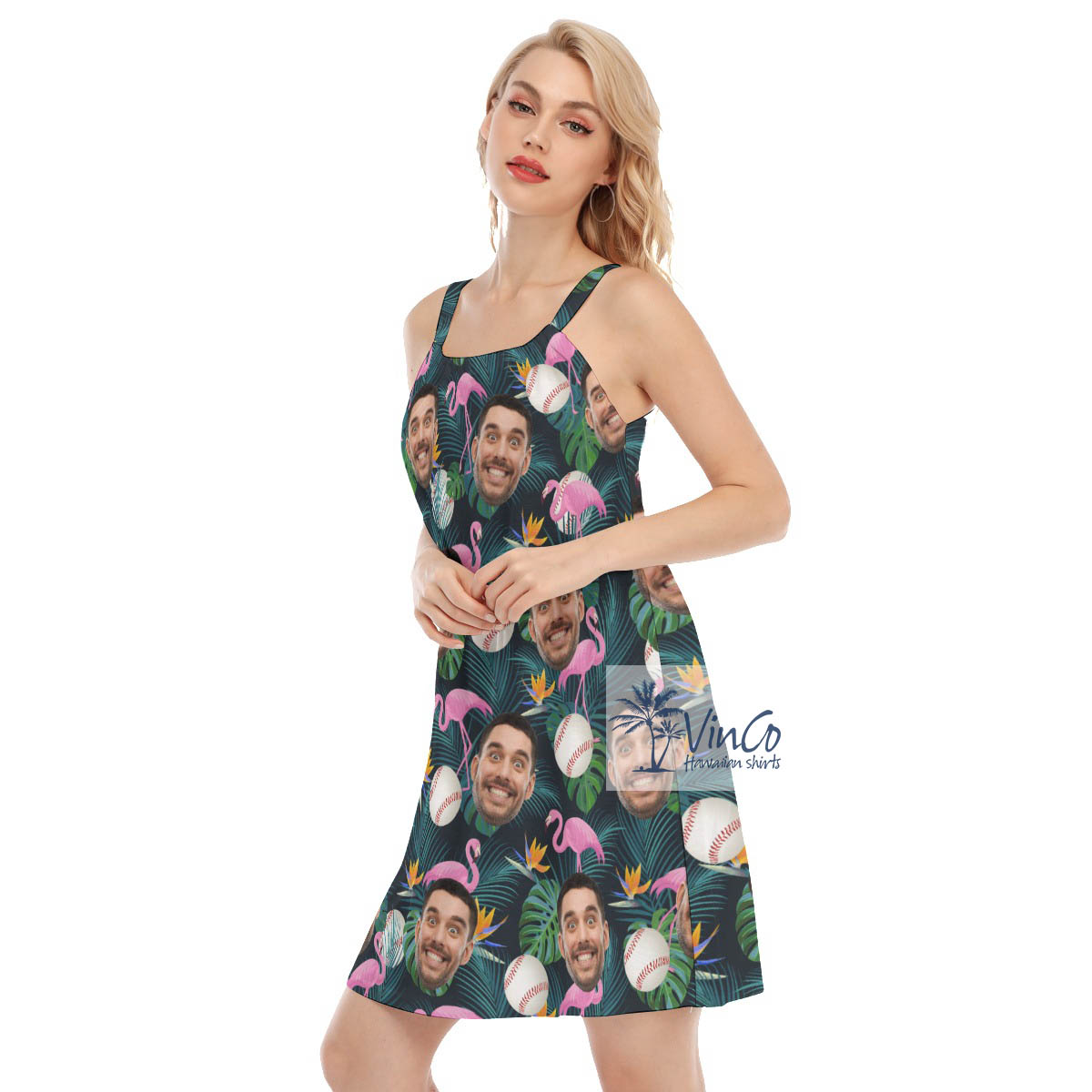 Baseball Lovers Custom Face Flamingo Hawaiian Dress For Women