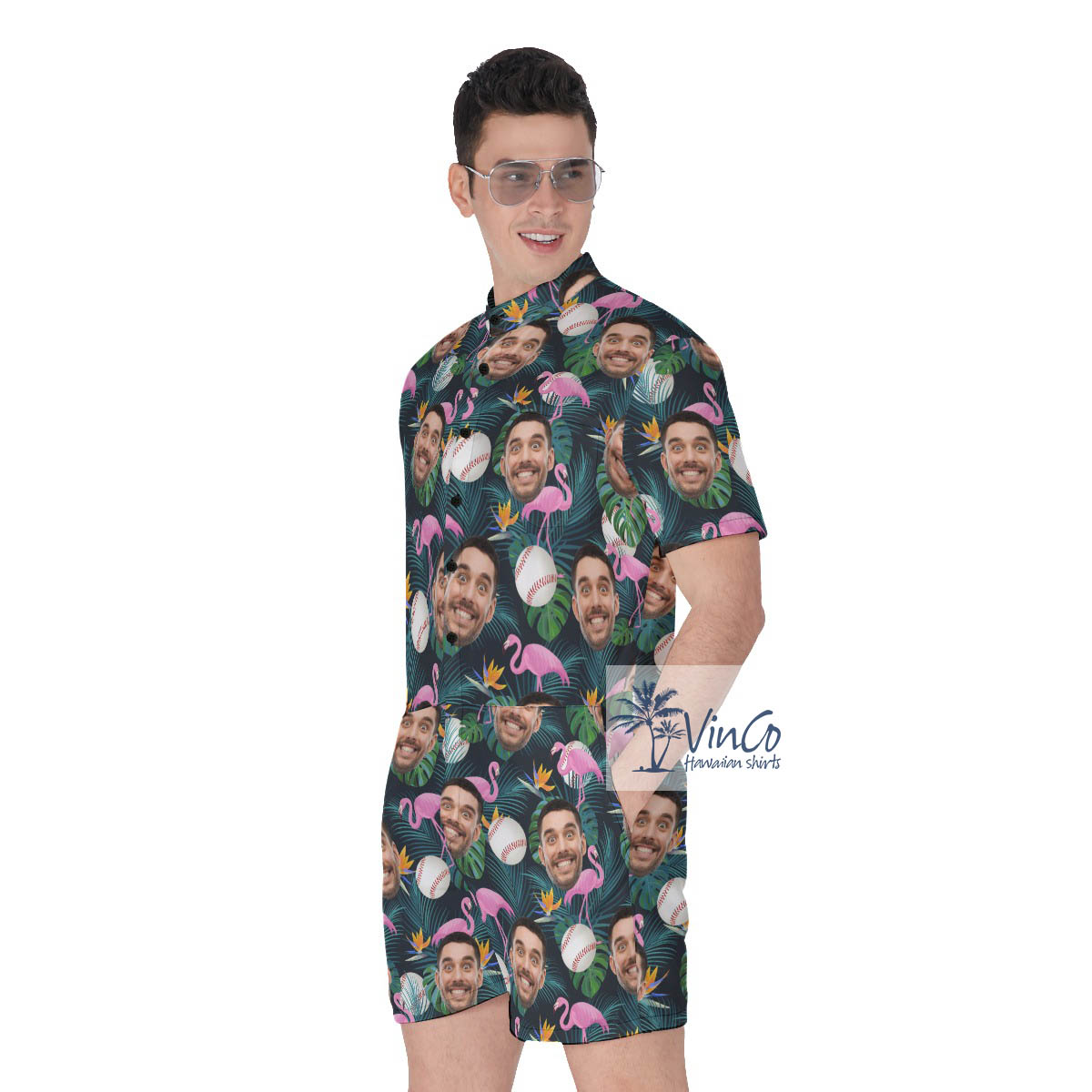 Funny Flamingo Baseball Hawaiian Romper With Custom Face
