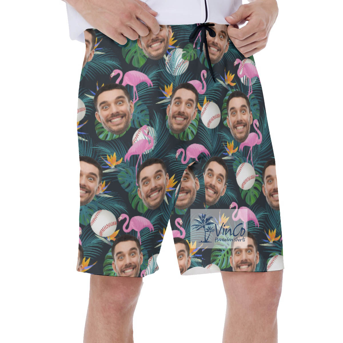 Custom Face Hawaiian Swim Trunks Flamingo Baseball