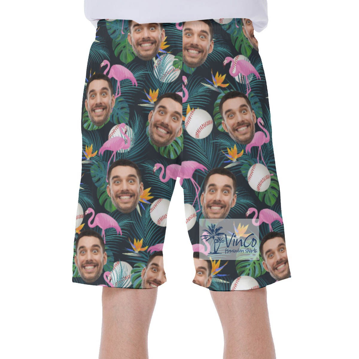 Custom Face Hawaiian Swim Trunks Flamingo Baseball