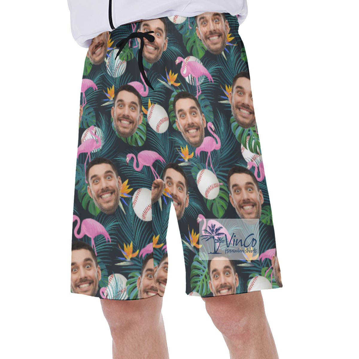 Custom Face Hawaiian Swim Trunks Flamingo Baseball