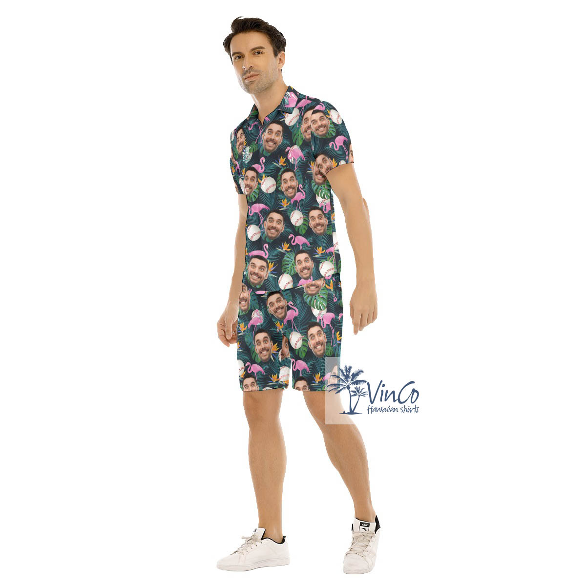 Set Baseball Flamingo Hawaiian Shirt And Shorts With Custom Face
