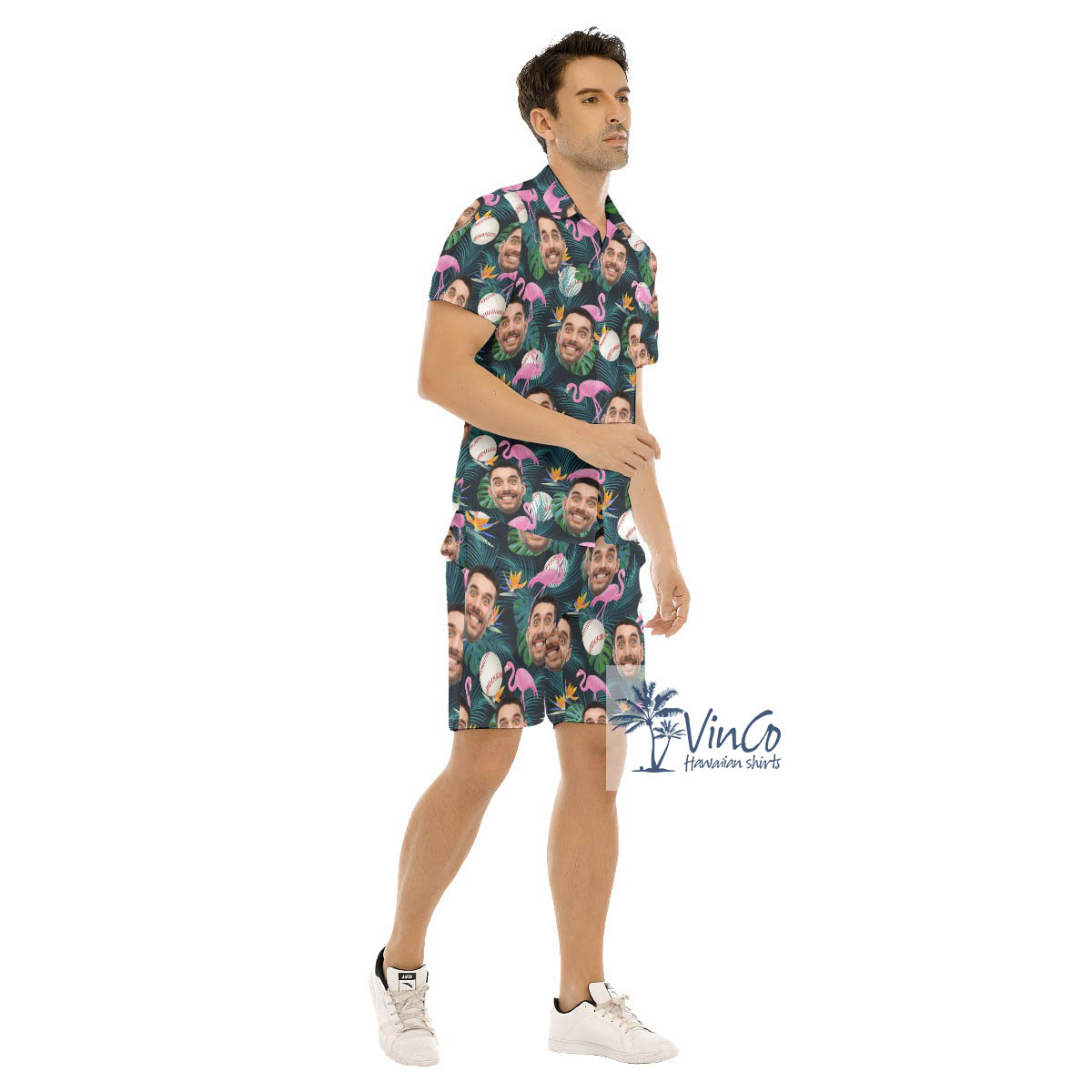 Set Baseball Flamingo Hawaiian Shirt And Shorts With Custom Face