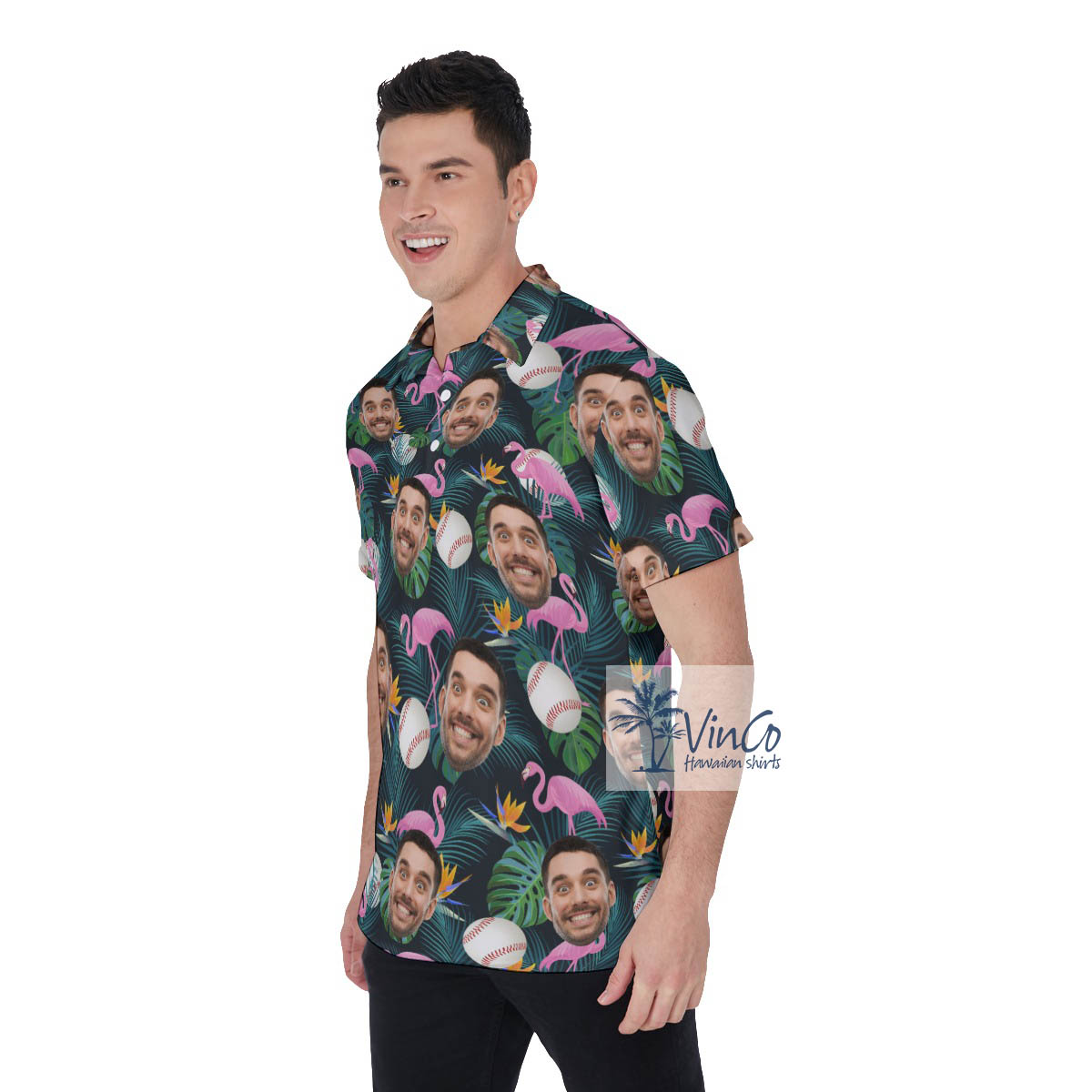 Custom Face Flamingo Hawaiian Polo Shirt For Baseball Lovers