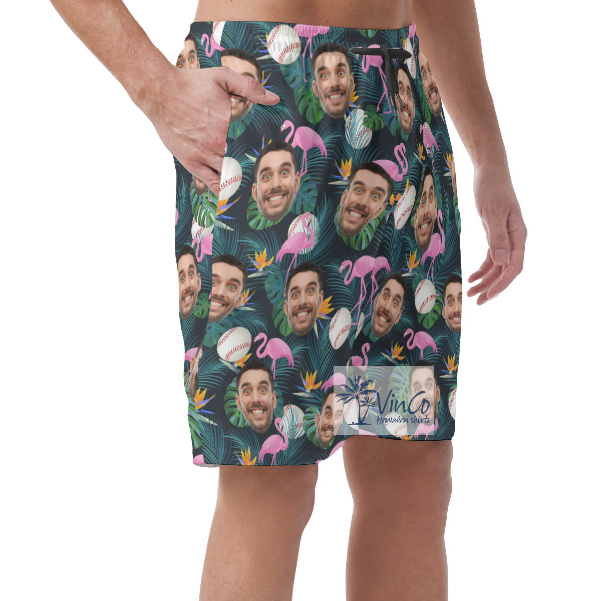 Flamingo Baseball Hawaiian Beach Shorts With Custom Face