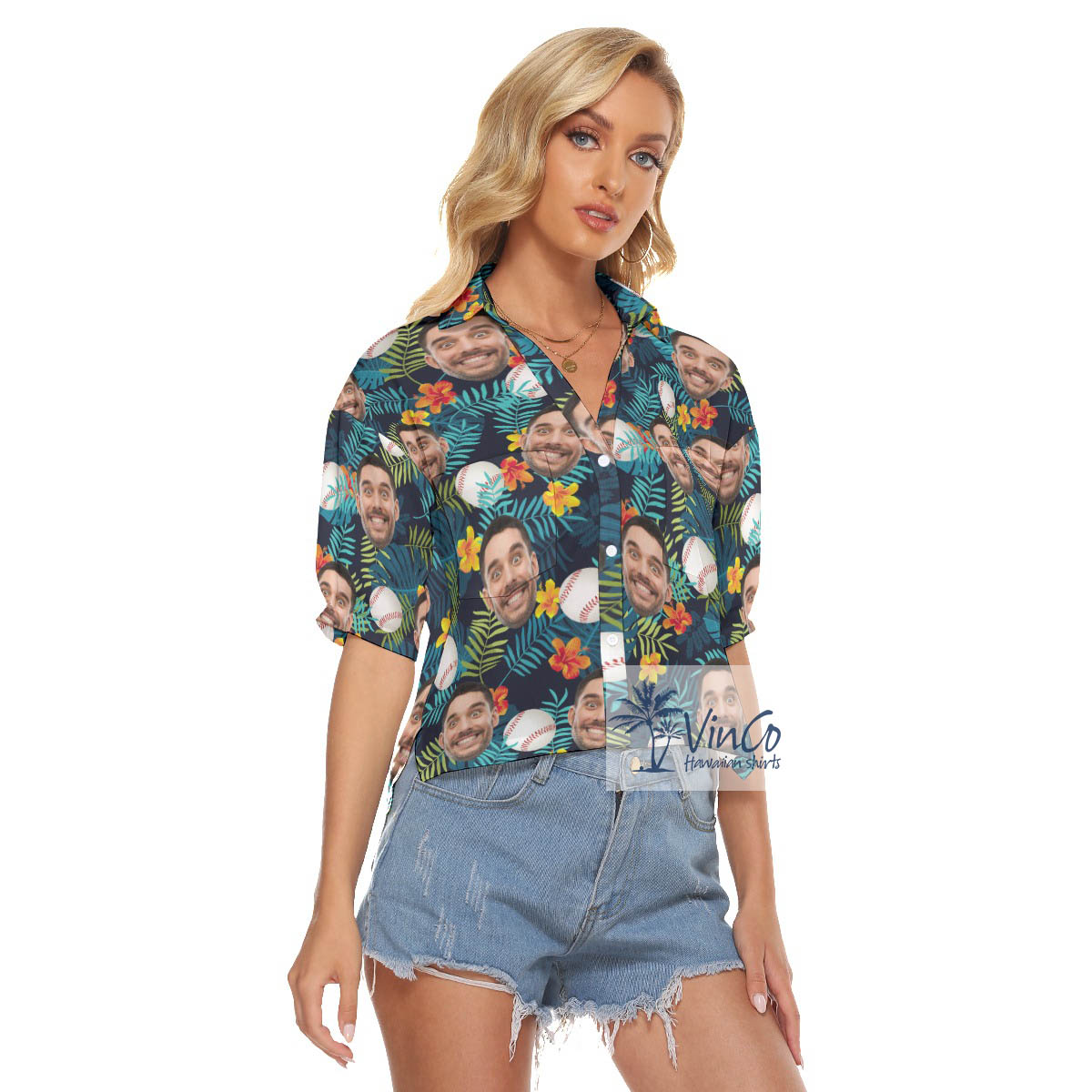 Tropical Baseball Custom Face Hawaiian Crop Top Shirt