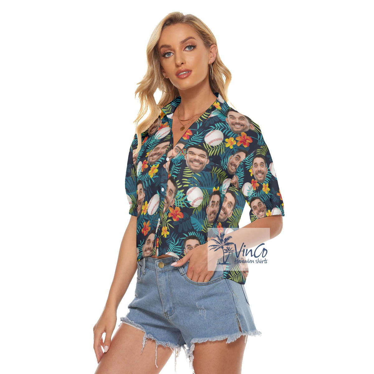 Tropical Baseball Custom Face Hawaiian Crop Top Shirt