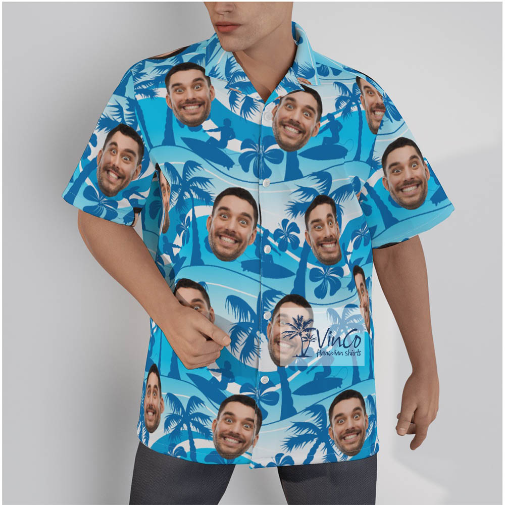 Blue Beach Surfing Custom Hawaiian Shirt With Faces For Men - variant image 1