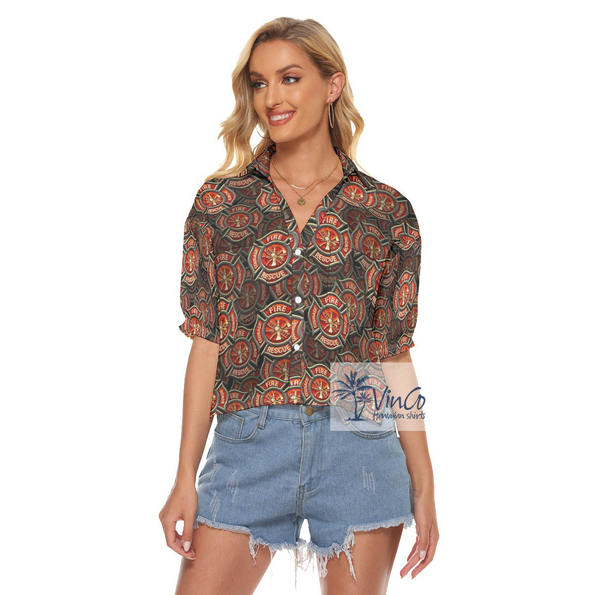 Fire Rescue Honor Courage Firefighter Hawaiian Cropped Shirt For Women - variant image 1