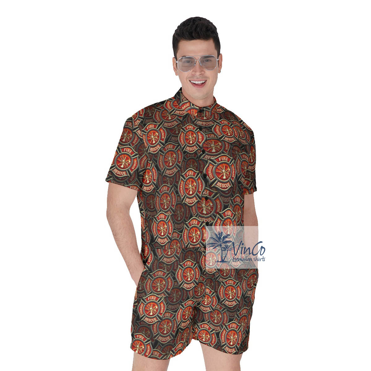 Cool Fire Honor Courage Firefighter Hawaiian Romper For Men - variant image 1