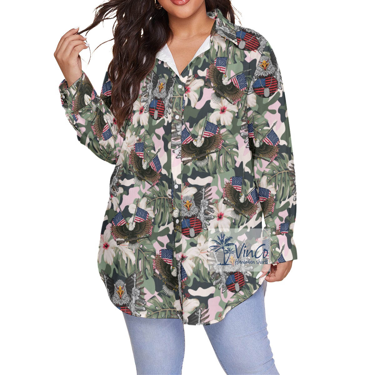 Cool American Eagle Gun Camo Hibiscus Hawaiian Plus Size Shirt For Women - variant image 1