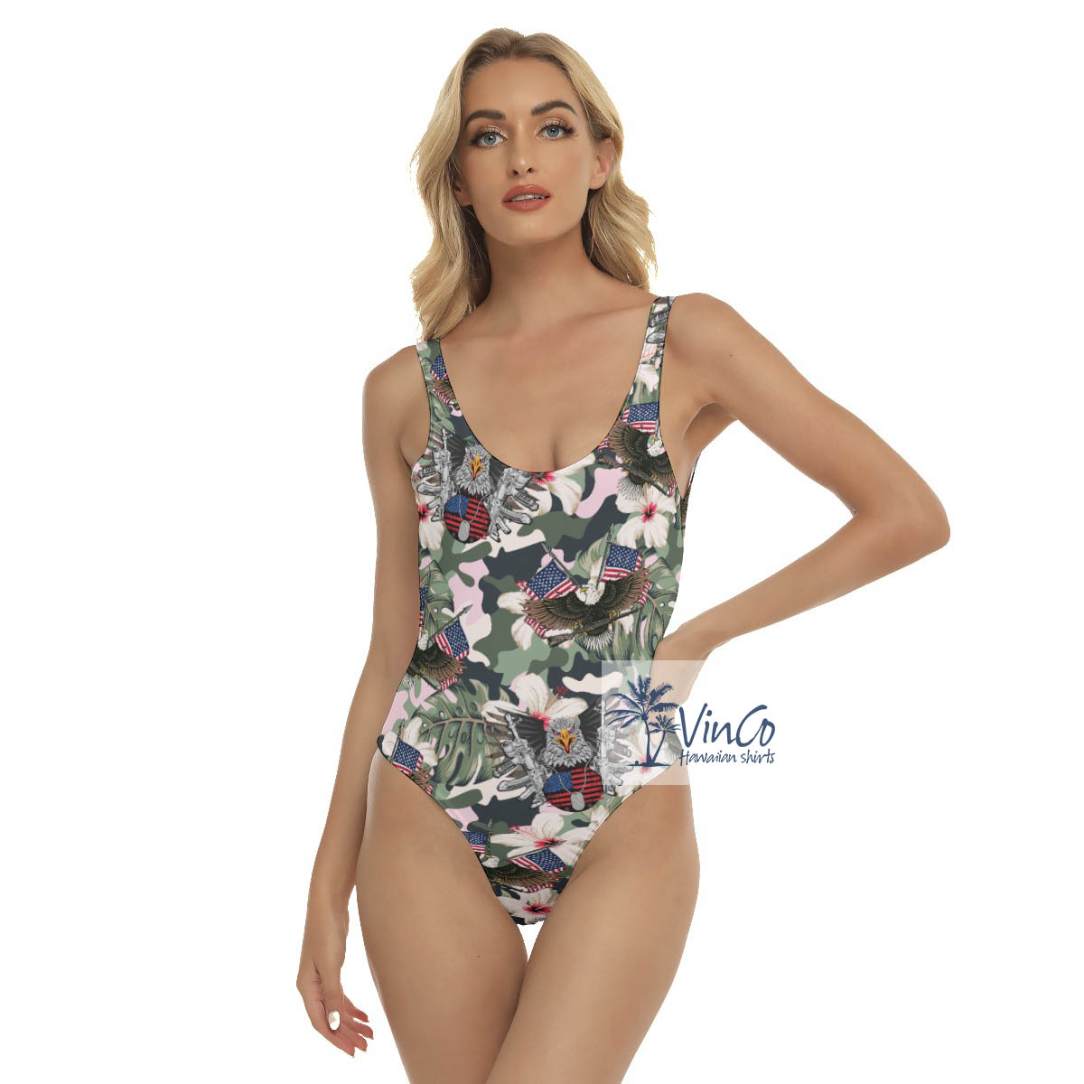 Cool Tactical American Eagle Camo Hibiscus Hawaiian Swimsuit For Women - variant image 1