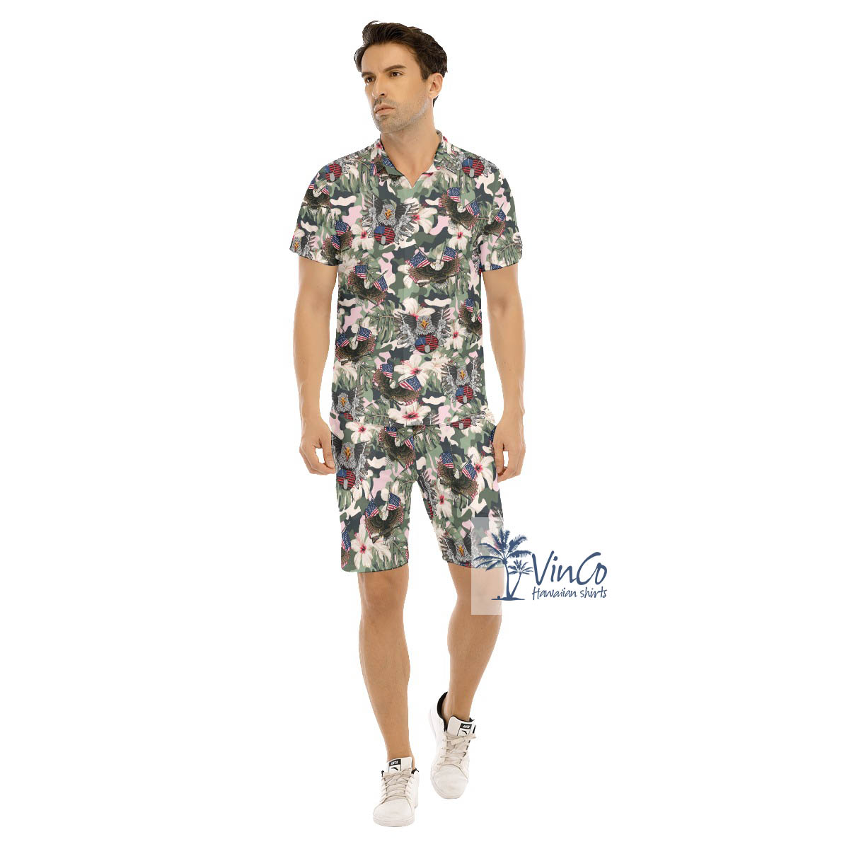 Army American Eagle Gun Camo Hibiscus Hawaiian Shirt And Shorts For Men - variant image 1