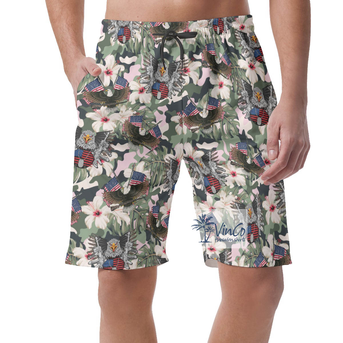 Hibiscus American Eagle Gun Military Hawaiian Beach Shorts For Men - variant image 1