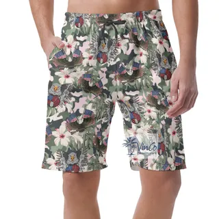 Hibiscus American Eagle Gun Military Hawaiian Beach Shorts For Men