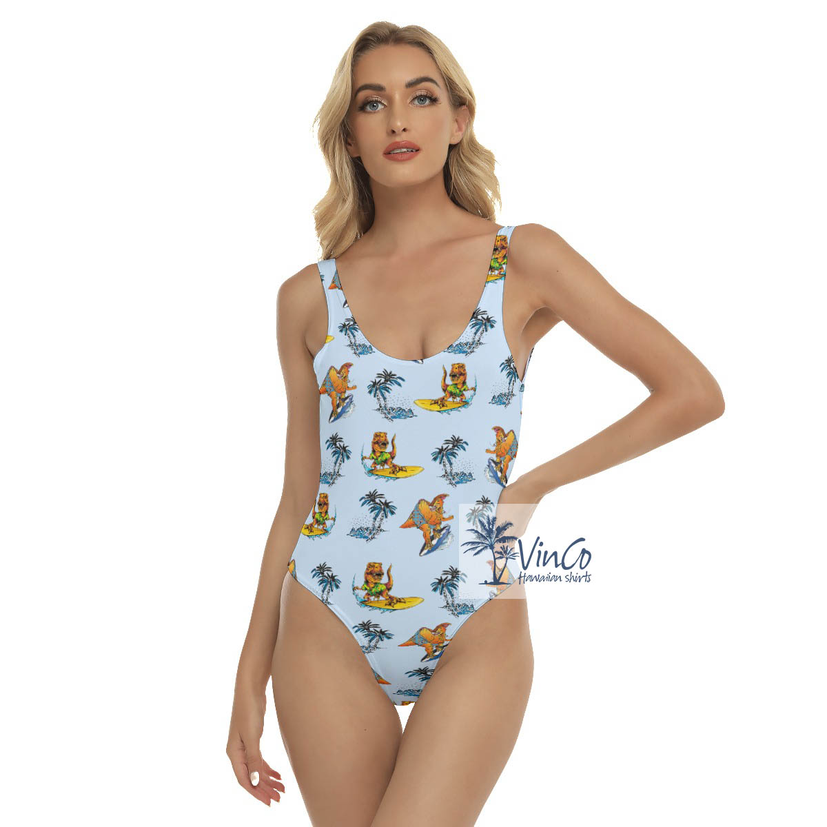 Funny Tropical Dinosaur Surfing Palm Tree Hawaiian Swimsuit - variant image 1