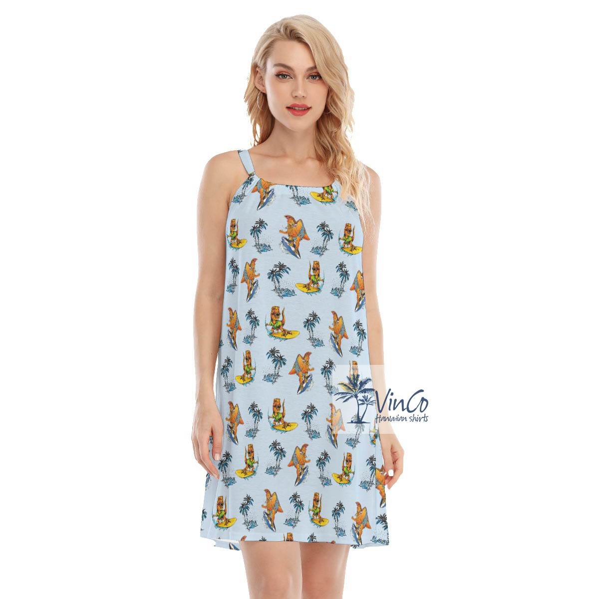 Funny Surfing Dinosaur Tropical Blue Aloha Cami Dress - variant image 1