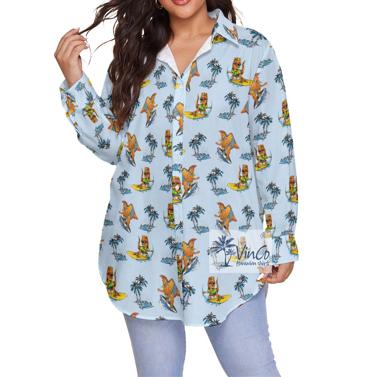 Funny Dinosaur Surfing Tropical Blue Hawaiian Plus Size Shirt - variant image 1
