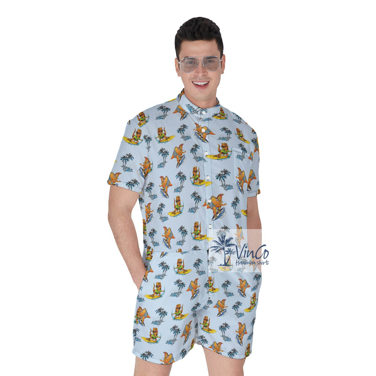 Funny Surfing Dinosaur Tropical Palm Tree Blue Hawaiian Romper - variant image 1