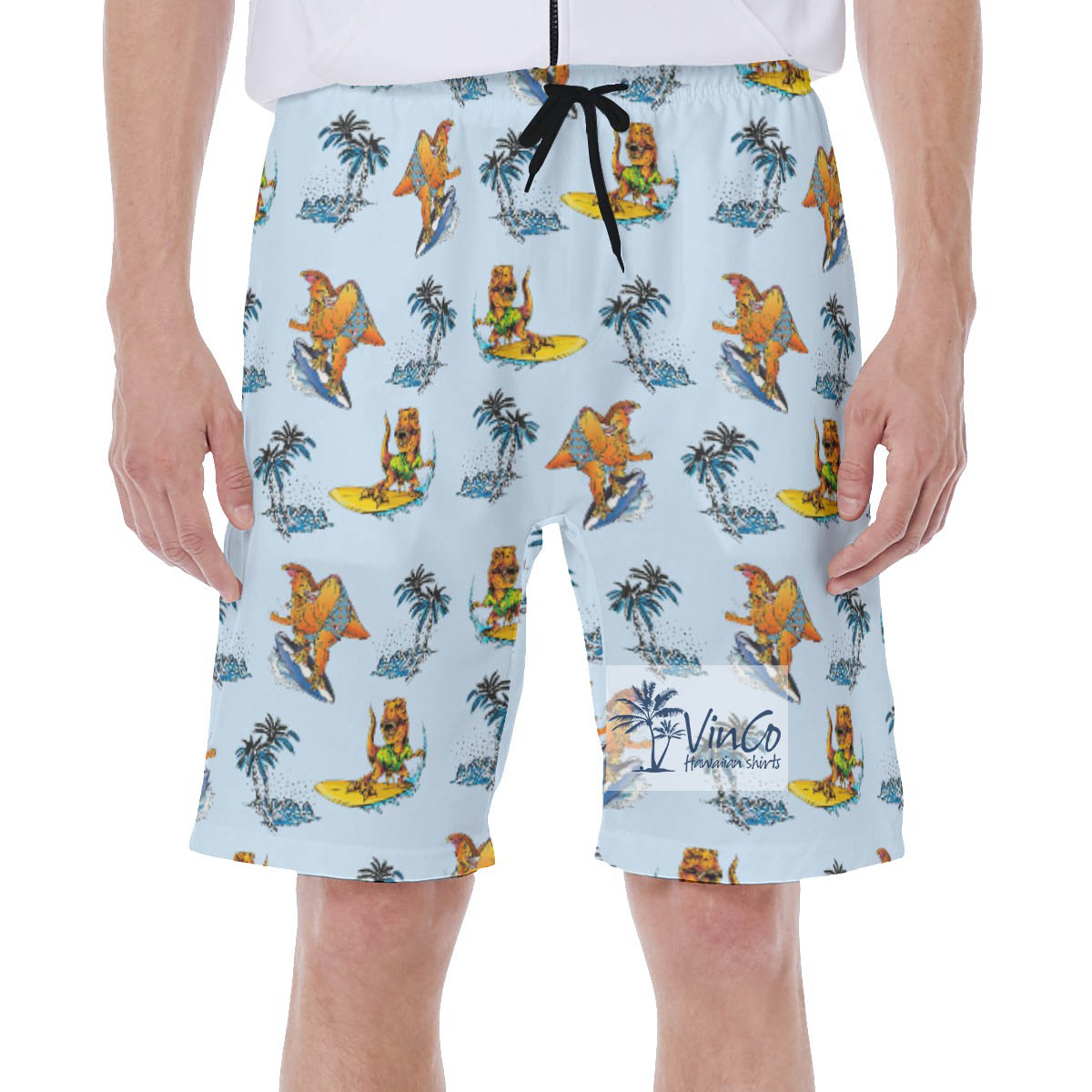 Funny Tropical Dinosaur Surfing Hawaiian Blue Swim Trunks For Men - variant image 1