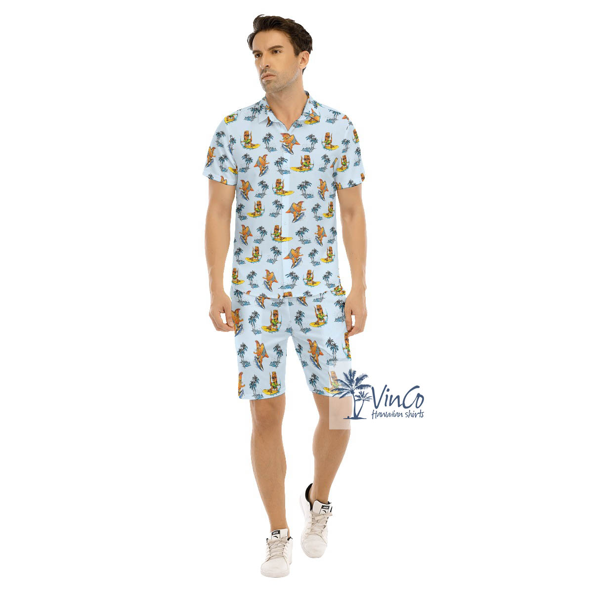 Tropical Dinosaur Surfing Palm Tree Hawaiian Shirt And Matching Shorts For Men - variant image 1