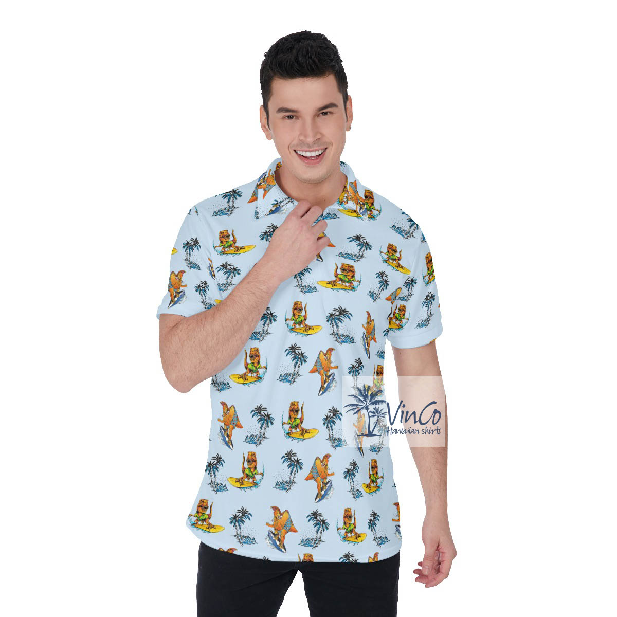 Funny Tropical Dinosaur Surfing Hawaiian Golf Shirt For Men - variant image 1