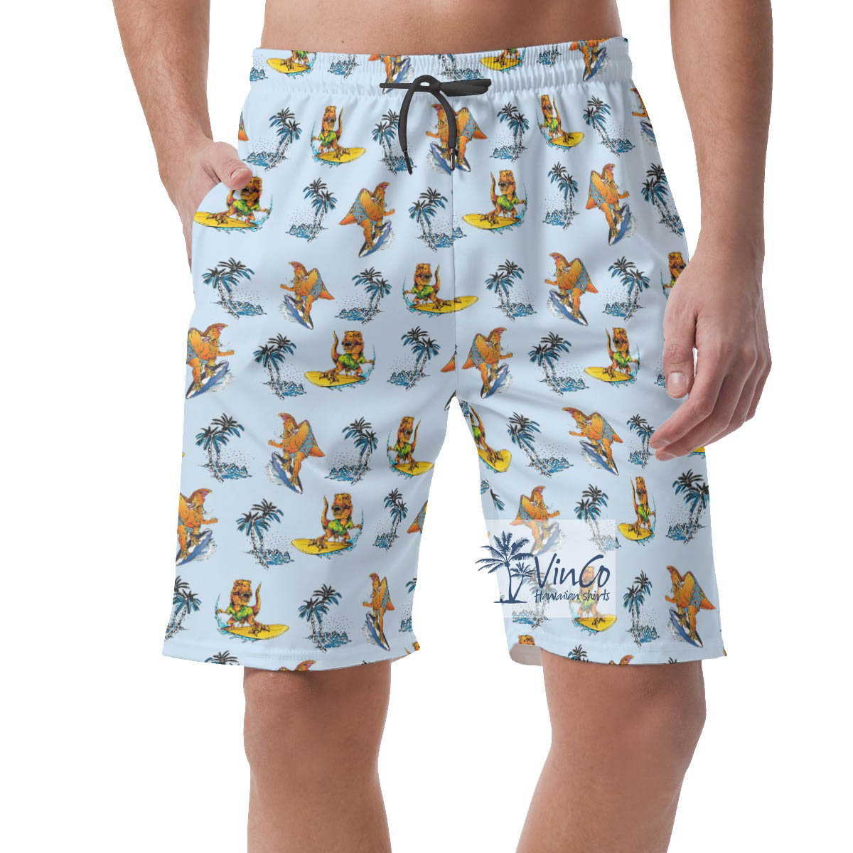 Tropical Palm Tree Surfing Dinosaur Blue Hawaiian Beach Shorts For Men - variant image 1