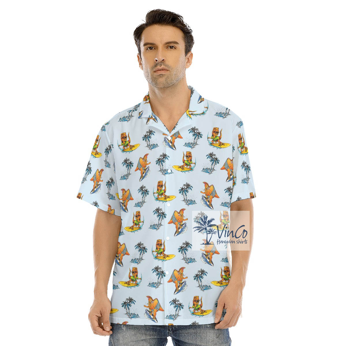 Funny Tropical Dinosaur Surfing Hawaiian Shirt - variant image 1