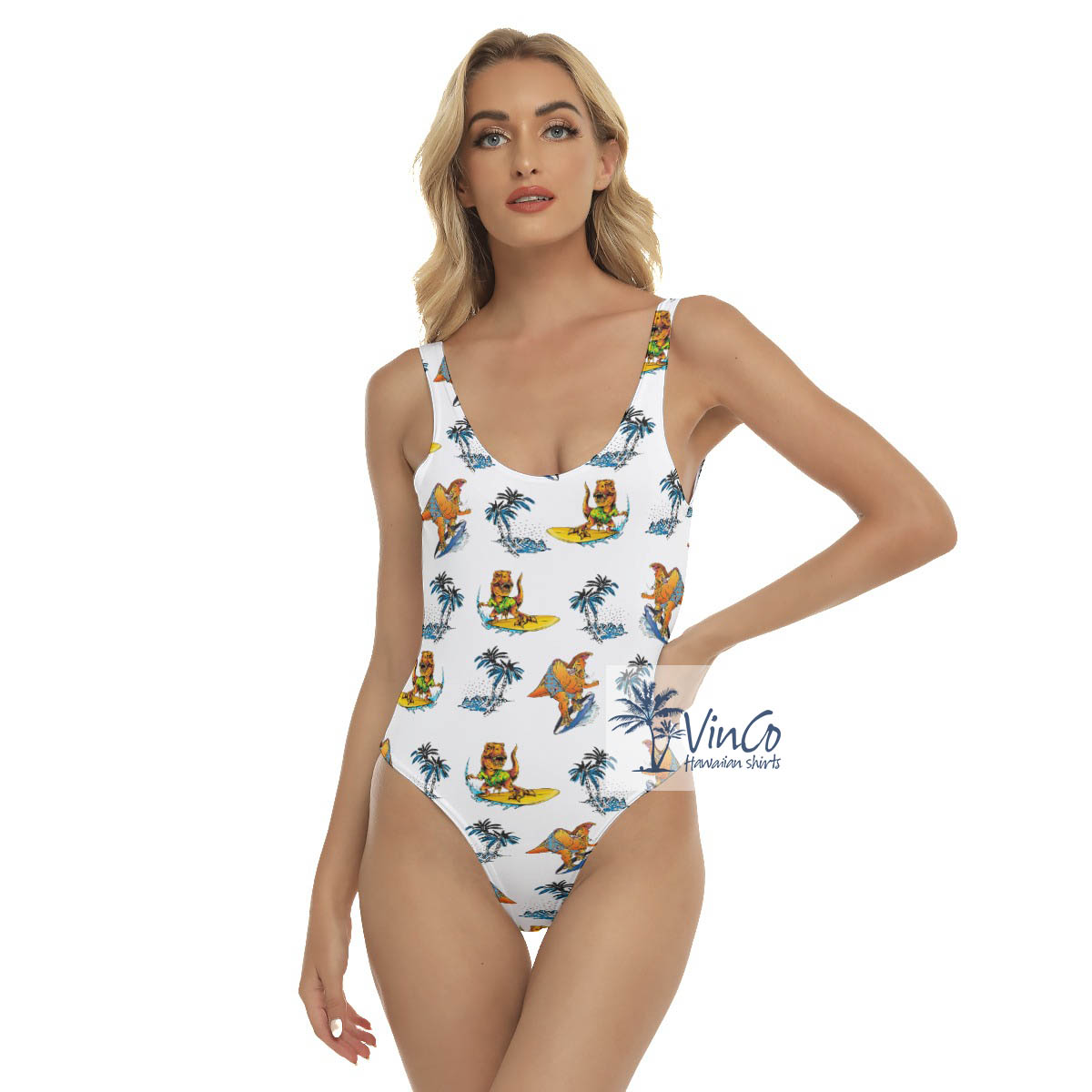 Funny Dinosaur Surfing Tropical Palm Tree Hawaiian Swimsuit For Women - variant image 1