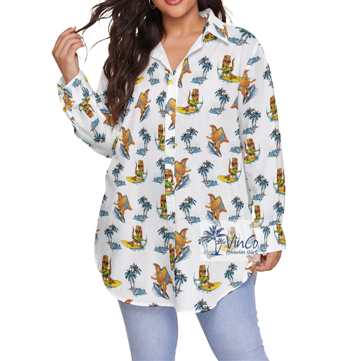 Funny Palm Tree Dinosaur Surfing Hawaiian Oversize Shirt For Women - variant image 1