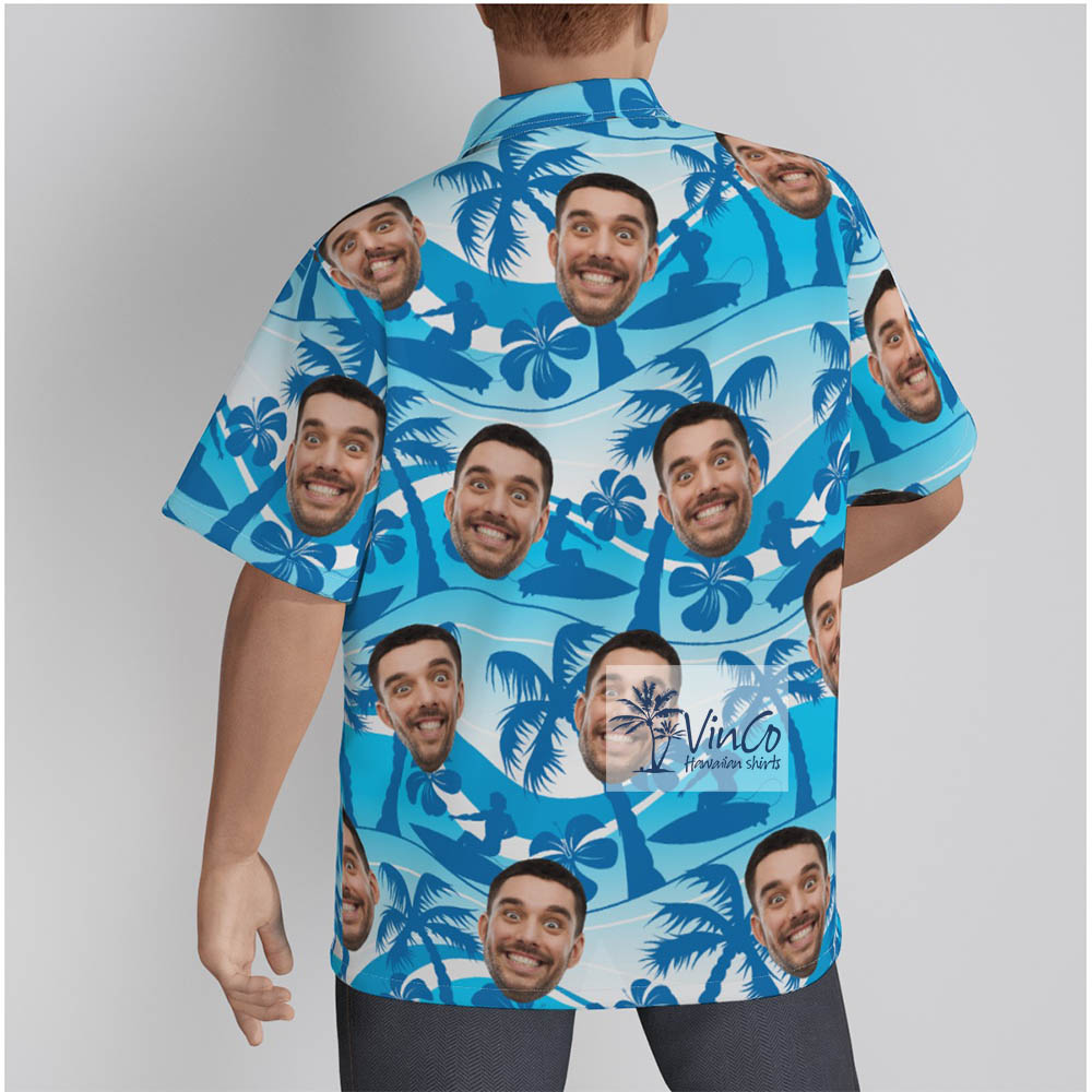 Blue Beach Surfing Custom Hawaiian Shirt With Faces For Men
