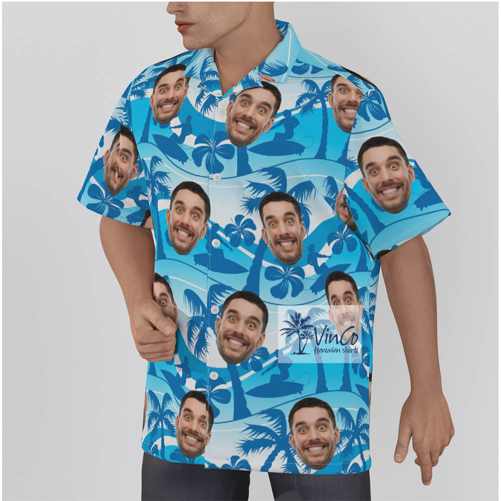Blue Beach Surfing Custom Hawaiian Shirt With Faces For Men