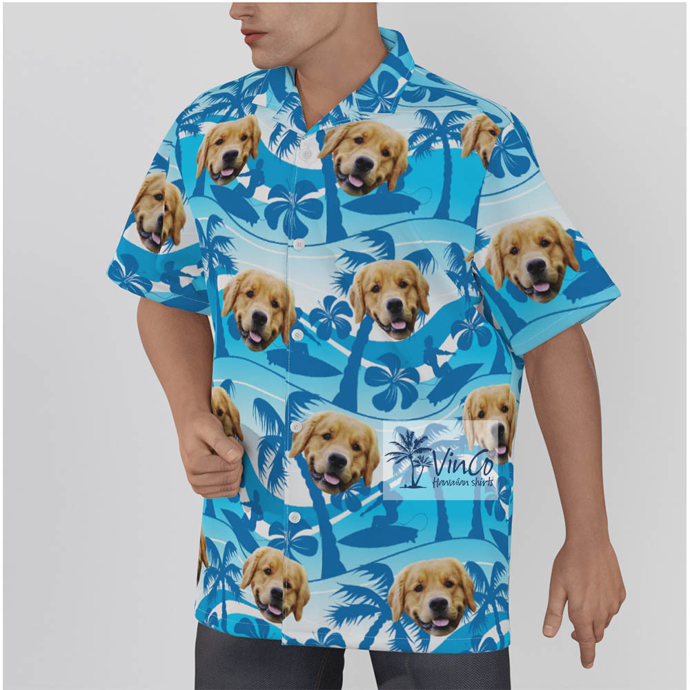 Blue Custom Dog Face Hawaiian Shirt For Beach Vacation